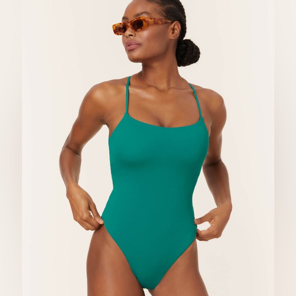 Andie Fiji Lace-Up Back One-Piece Swimsuit Small Tall/Long Torso Peacock Teal